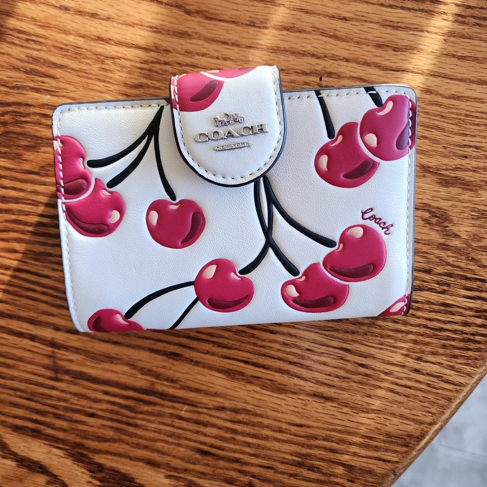 Coach Cherry Print Leather Wallet - White & Red - Picture 2 of 4